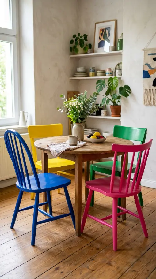 18 Dopamine Kitchen Ideas for a Bold Colorful Space 13 13. Mismatched Colorful Dining Chairs