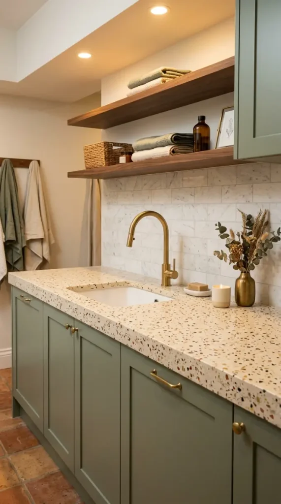 20 Luxury Laundry Room Ideas Sage Green Walnut Warm Style 13 13. Sage Green Laundry Room With Terrazzo Benchtop