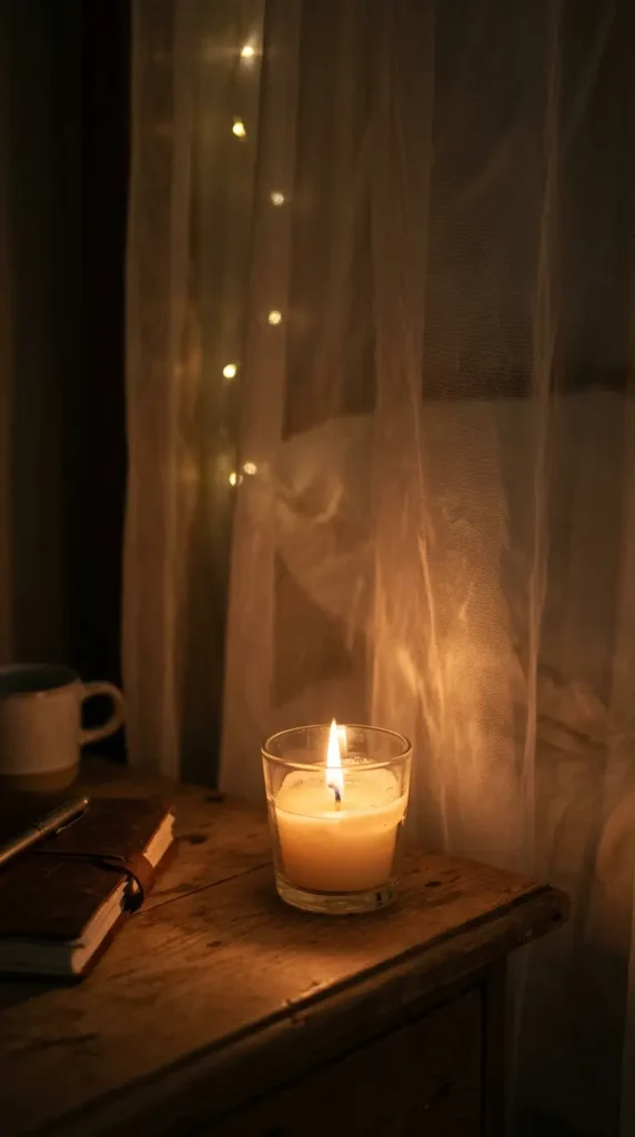 15 Romanticizing My Room Small Space Fairy Light Canopy Ideas 13 13. Scented Candle Flicker Reflected in the Canopy Fabric