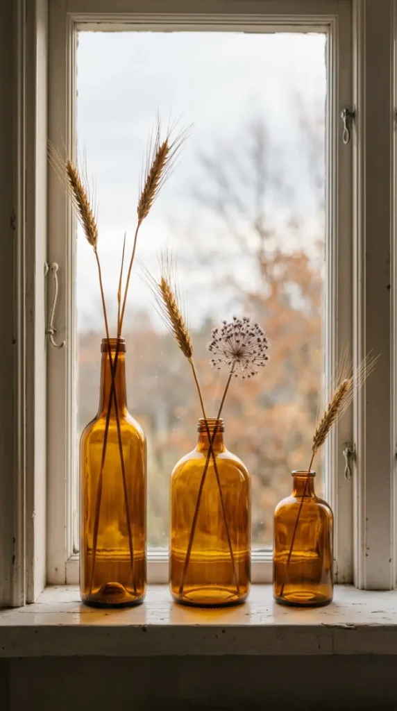 15 Fall Home Decor Ideas Scandinavian Minimal Warm Style 13 13. Set One Windowsill With Three Amber Glass Bottles and Dried Wheat