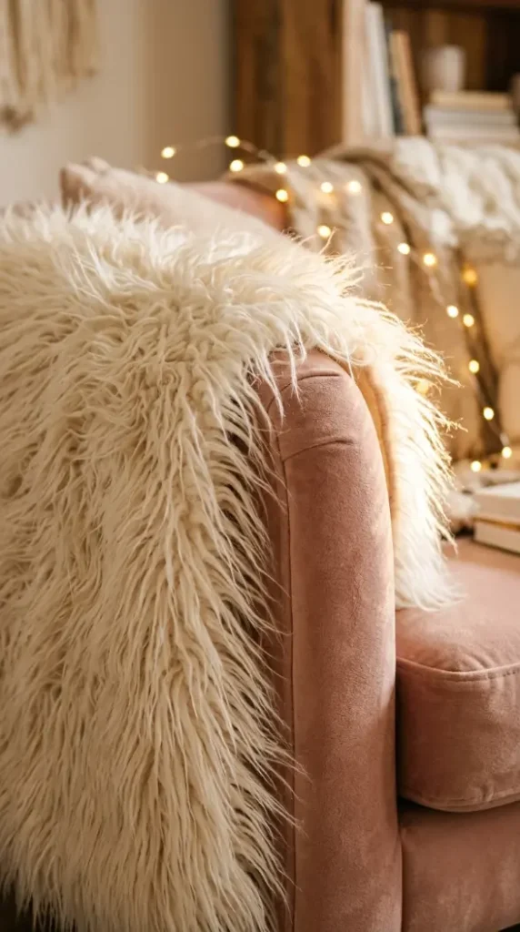 16 Cozy Reading Corners Whimsical Blush Fairy Lights 13 13. Soft Faux Fur Throw in Cream