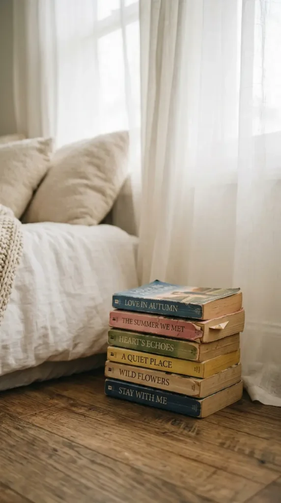 18 Romanticizing My Room Small Space Sheer Drapery Ideas 13 13. Stack of Paperback Romance Novels on the Floor