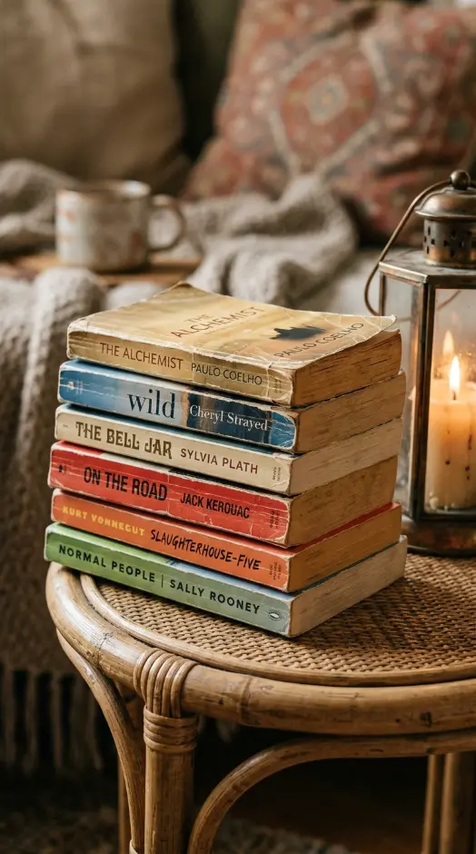 17 Small Reading Nook Cozy Corner Boho Woven Warmth 13 13. Stack of Well Worn Paperback Books