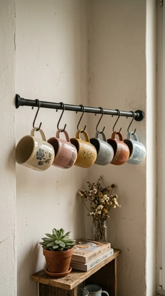 17 Small Space Eclectic Coffee Corner Ideas for Renters 13 13. Tension Mounted Curtain Rod as a Mug Hanging Bar