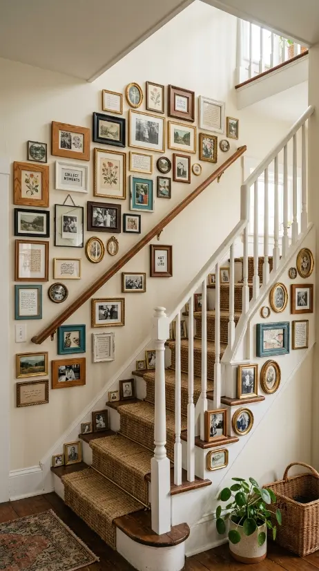 13 Small Thrifted Gallery Wall Ideas for Staircases 13 13. The Complete Small Thrifted Gallery Wall for Staircases