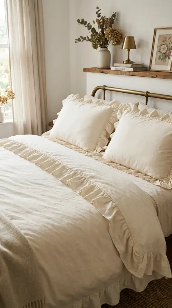 24 Apartment Bedroom Decor Pastel Dreamy Feminine Style 13 13. The Cream Ruffled Duvet Cover