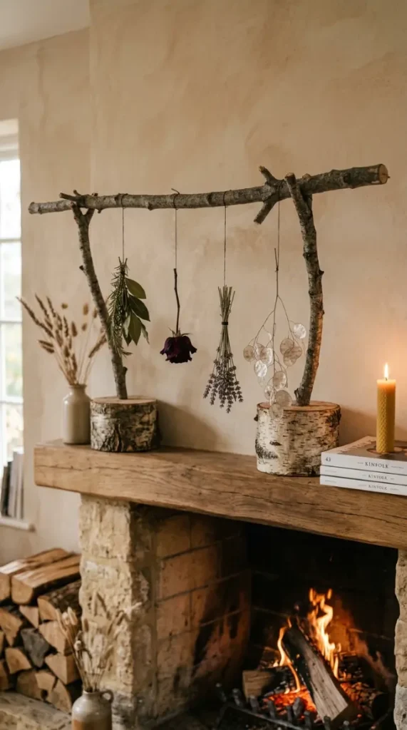 15 Fall Mantel Decor Ideas for a Botanical Nature Inspired Look 13 13. The Foraged Branch with Hanging Botanicals