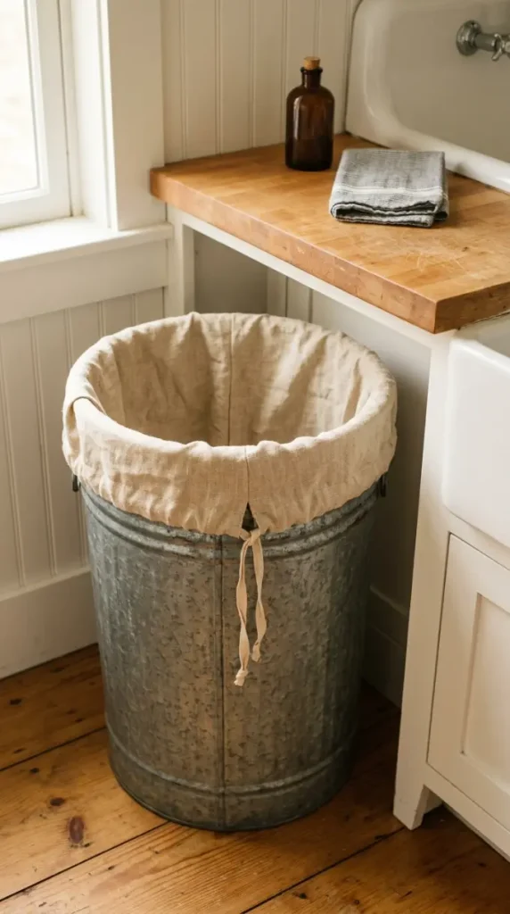 14 Laundry Room Bathroom Combo Warm Neutral Farmhouse Style 13 13. The Galvanized Metal and Linen Hamper