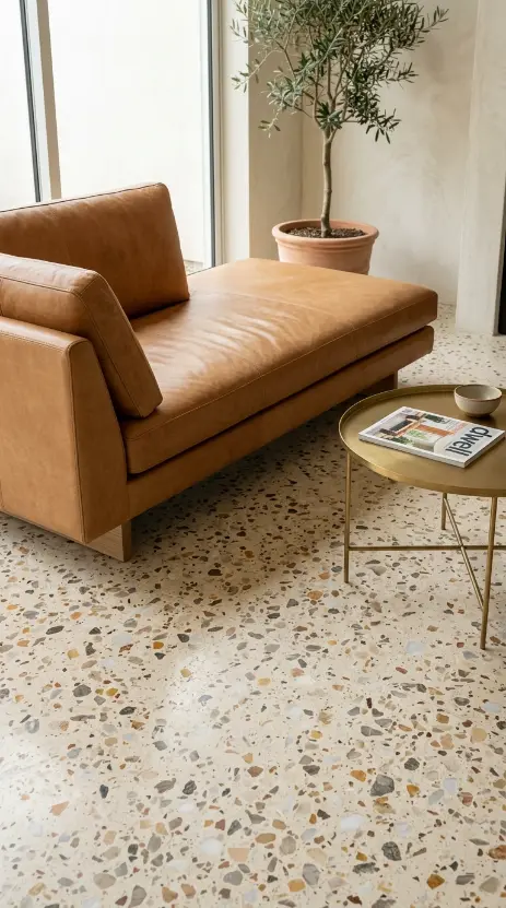 24 Chaise Lounge Modern Leather Statement Living Room 13 13. The Leather Chaise with Terrazzo Floor