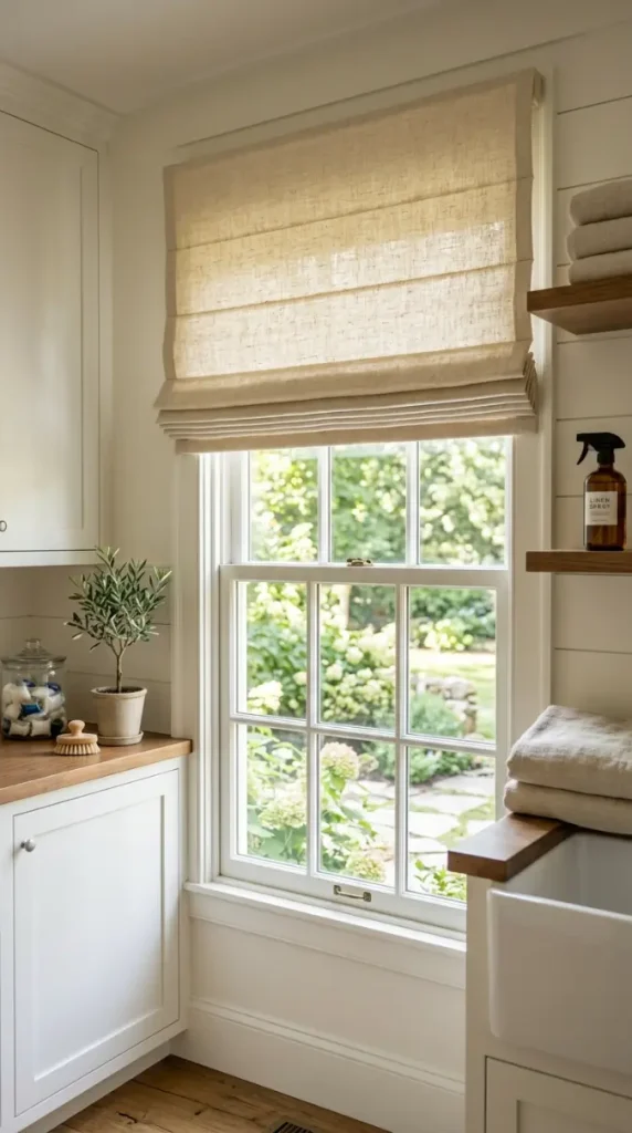 15 Laundry Room Designs Modern Farmhouse Shiplap and Warm Wood 13 13. The Natural Linen Roman Shade