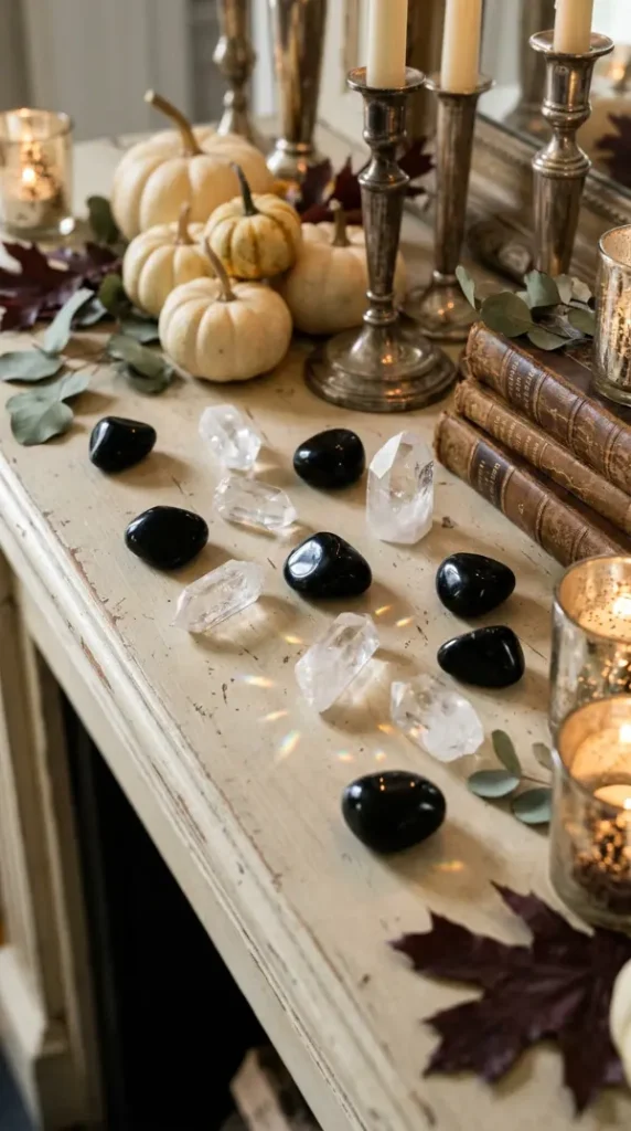 17 Elegant Halloween Mantel Decor French Country Style 13 13. The Polished Obsidian and Quartz Crystal Scatter