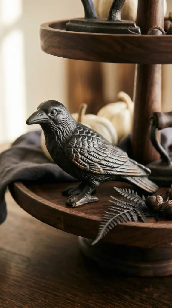 16 Halloween Tiered Tray Ideas Neutral Sophisticated Style 13 13. The Small Iron Raven Figurine
