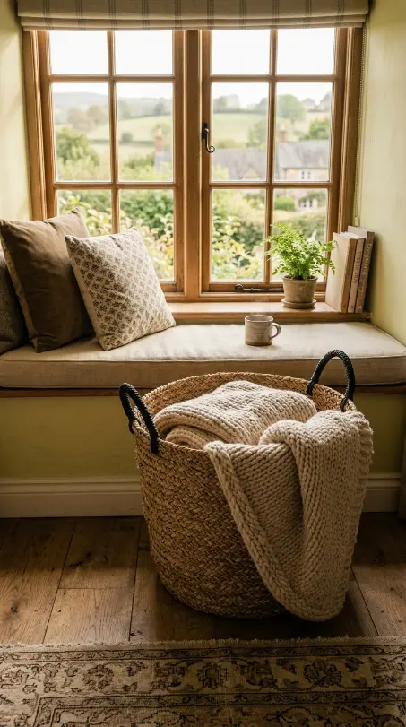 15 Light Linen Swivel Reading Chair Bedroom Nook Ideas 13 13. Woven Basket for Extra Blankets