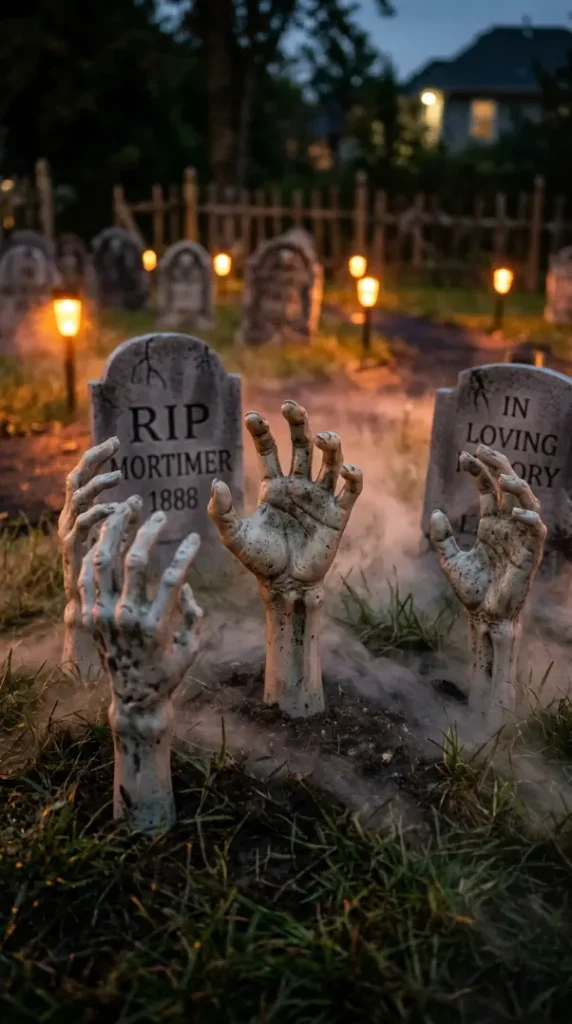 15 Outdoor Halloween Decorations Front Yard Spooky Style 13 13. Zombie Hands Rising From the Lawn