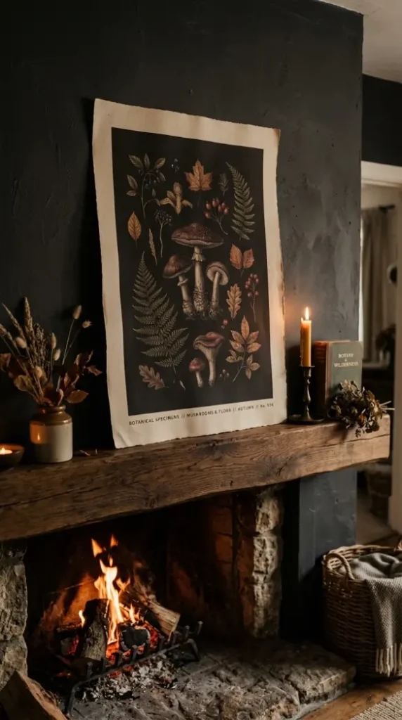 16 Moody Fall Fireplace Ideas for a Cozy Sanctuary 14 14. A Dark Botanical Print Leaning Unframed Against the Mantel Wall