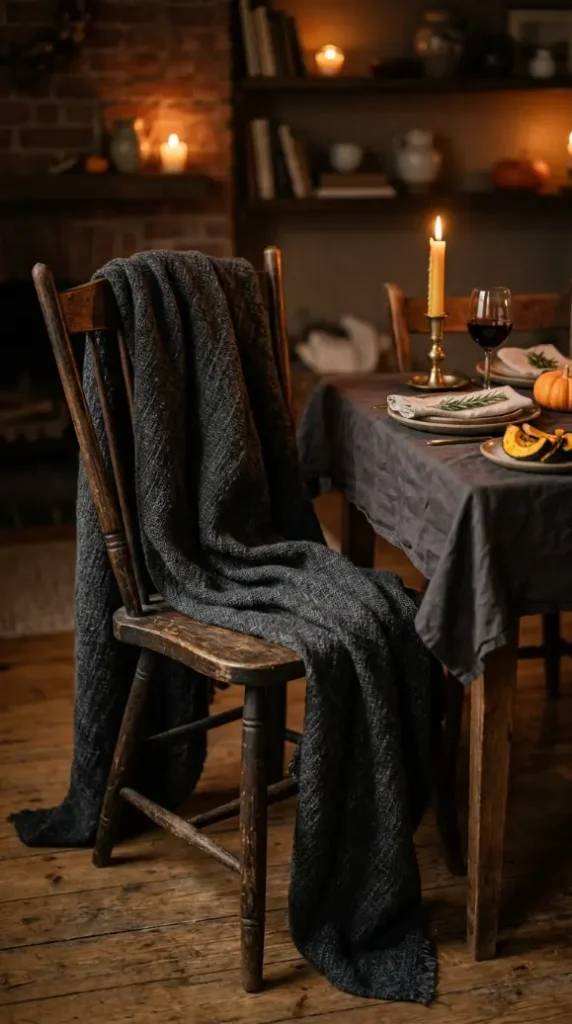 16 Small Moody Thanksgiving Table for Intimate Nights 14 14. A Dark Wool Throw Draped Over the Back of One Chair