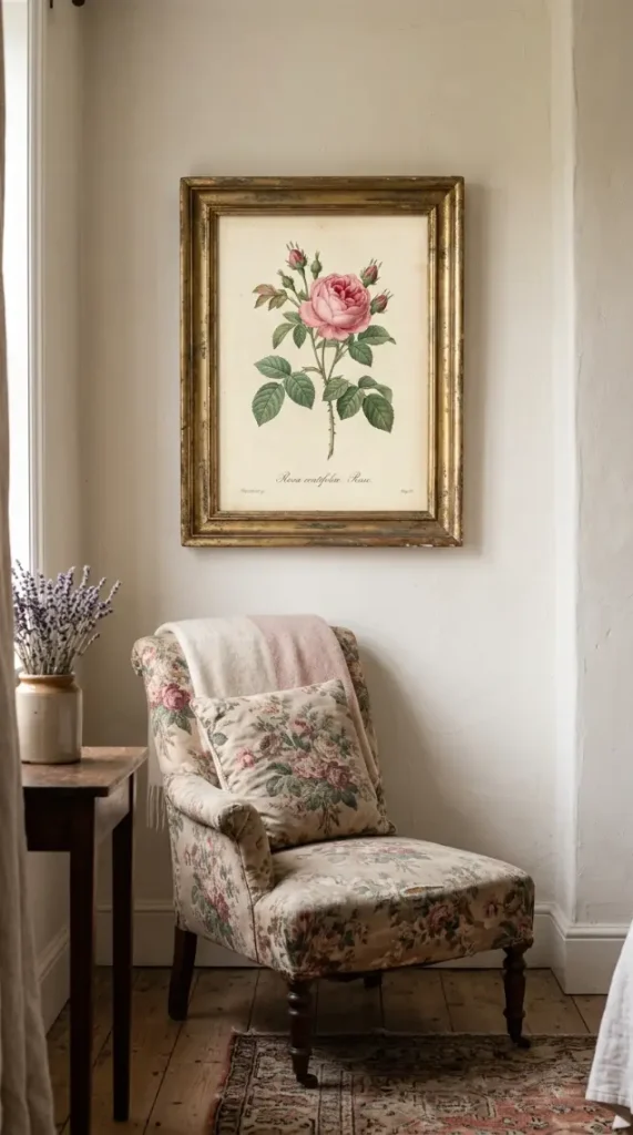 19 Reading Chair in Bedroom Vintage Floral Slipper Corner 14 14. A Gilt Framed Botanical Print Hung Above the Chair