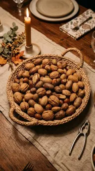 17 Boho Eclectic Centerpiece for Thanksgiving 14 14. A Low Woven Basket Tray Holding Assorted Nuts in the Shell
