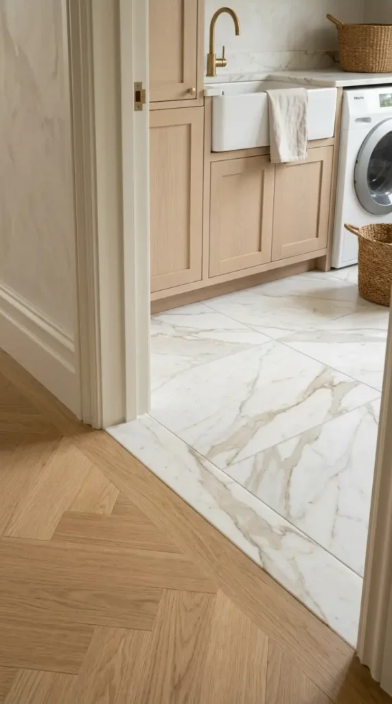18 Laundry Room Designs Quiet Luxury Marble and Warm Wood Look 14 14. A Marble Threshold Strip Between the Laundry and Adjacent Room