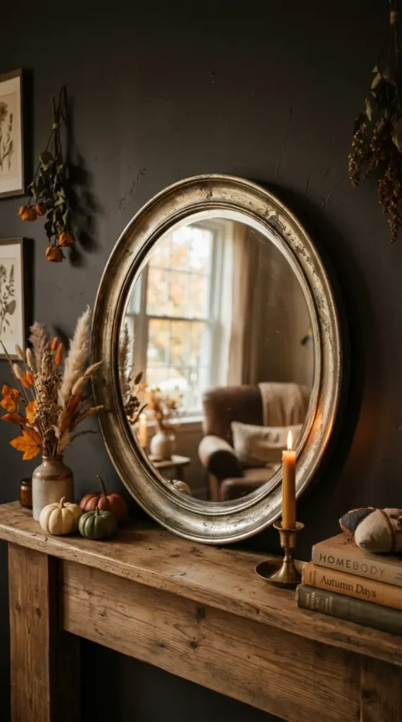 18 Collected Fall Mantel Styling Ideas That Feel Easy 14 14. A Single Small Mirror Leaning Instead of Mounted