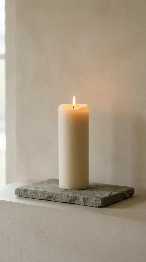 14 Fall Mantel Decor Ideas for a Quiet Luxury Neutral Look 14 14. A Single Tall Pillar Candle on a Stone Riser