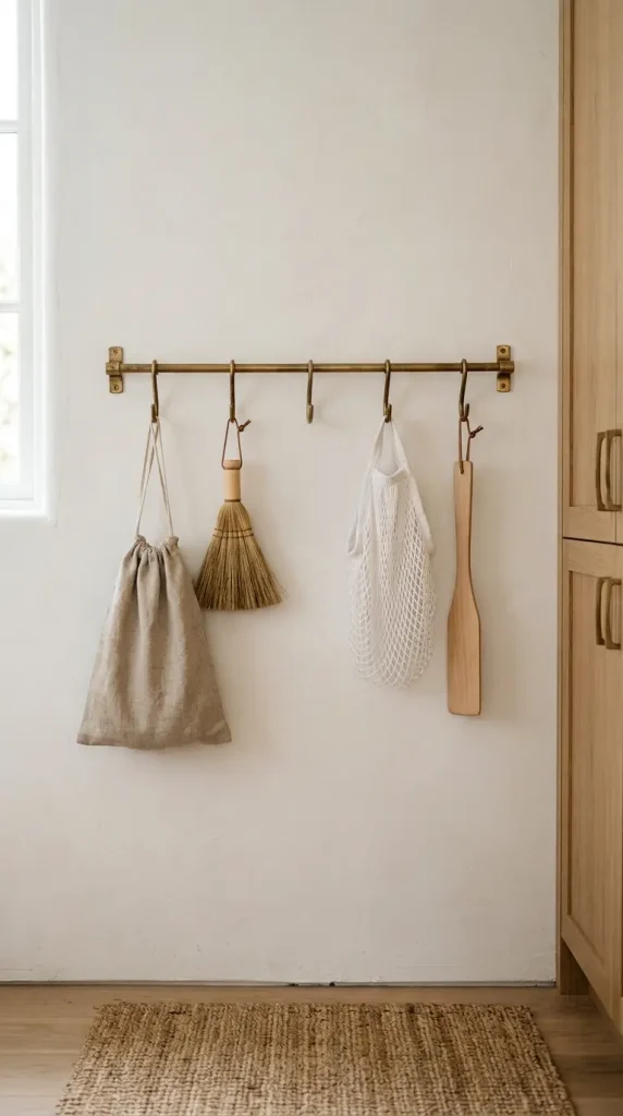 15 Elegant Laundry Room Ideas Warm White Oak Scandinavian Style 14 14. A Slim Aged Brass Hook Rail for Accessories