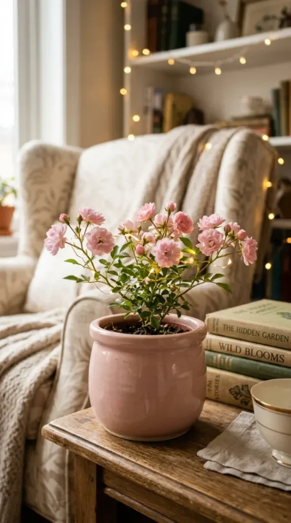 16 Cozy Reading Corners Whimsical Blush Fairy Lights 14 14. A Small Potted Pink Flowering Plant