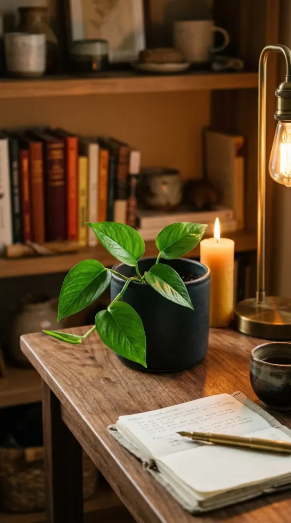 18 Cozy Office Aesthetic Candlelight Bookshelf Warm Style 14 14. A Small Potted Plant Beside the Desk