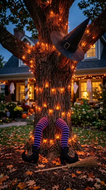 15 Outdoor Halloween Decorations Front Yard Spooky Style 14 14. A Witch Crashing Into the Front Tree