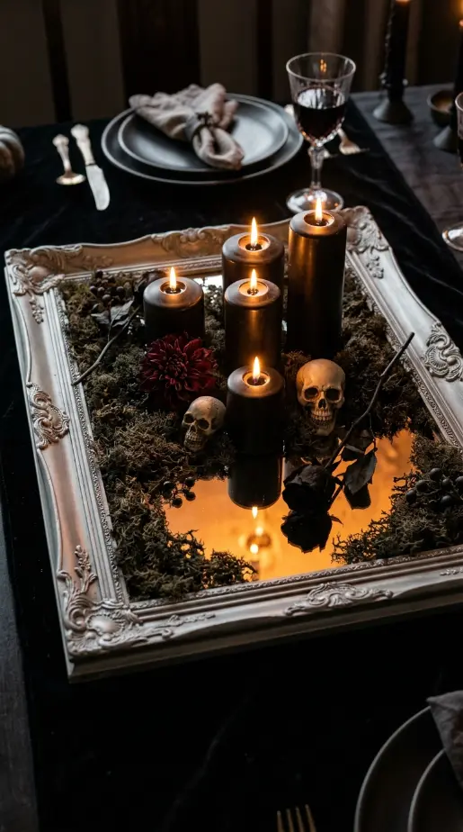 15 DIY Halloween Centerpieces Gothic Candelabra Dinner Table Look 14 14. Build a Low Candle Tray Centerpiece From a Thrift Store Mirror and Moss