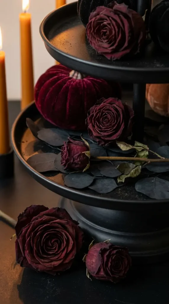 15 Halloween Tiered Tray Ideas Elegant Dark Moody Style 14 14. Dark Dried Rose Heads Scattered at the Tray Base