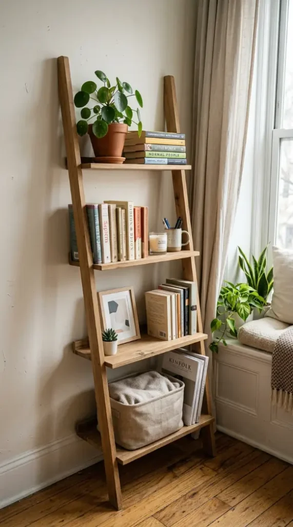 15 Small Apartment Window Reading Nook Renter Friendly Ideas 14 14. Freestanding Bookshelf Ladder Beside the Nook