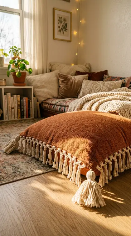 17 Golden Hour Bedroom Aesthetic Boho Floor Cushion Nook Ideas 14 14. Fringed Floor Pillow With Tassels