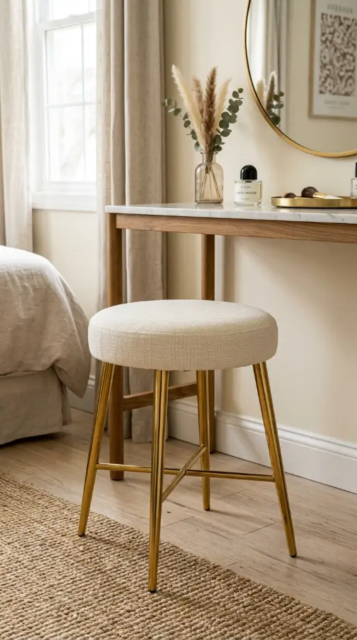 17 Jewel Tone Vanity Styling Ideas With Rich Color 14 14. Gold Brass Vanity Stool Legs Beneath a Neutral Cushion