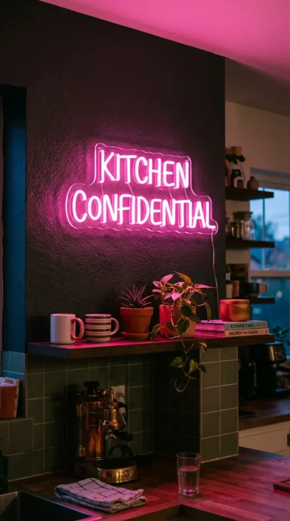 18 Dopamine Kitchen Ideas for a Bold Colorful Space 14 14. Neon Wall Sign as Kitchen Art