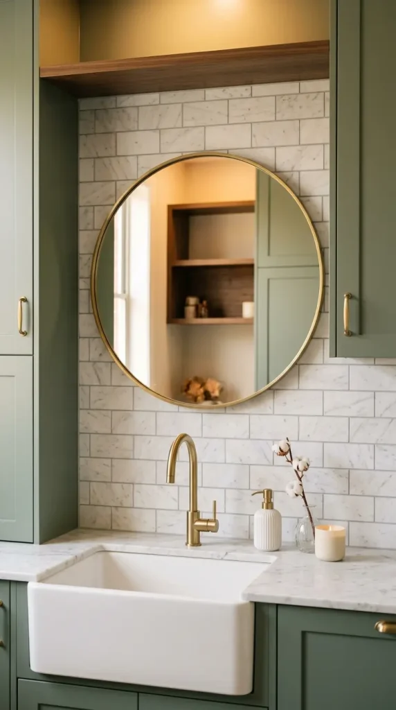 20 Luxury Laundry Room Ideas Sage Green Walnut Warm Style 14 14. Sage Green Laundry With Brass-Framed Mirror Above Sink