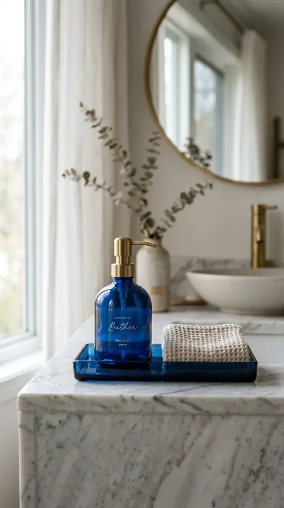 18 Jewel Tone Bathroom Ideas for a Luxurious Space 14 14. Sapphire Blue Soap Dispenser and Tray Set