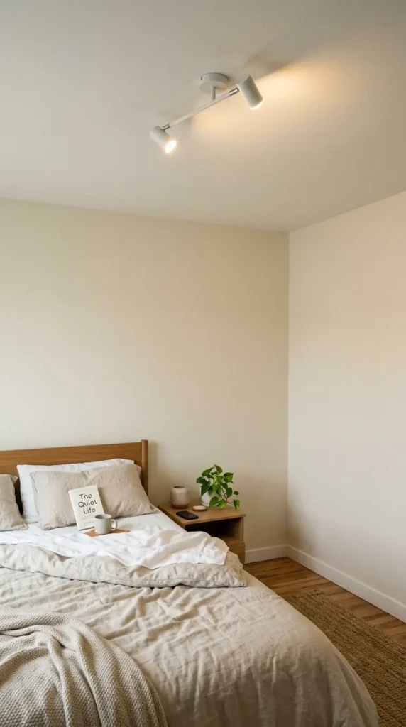 17 Small Bedroom Declutter Ideas for a Spacious Feel 14 14. Slim Ceiling Mounted Reading Light Instead of a Floor Lamp
