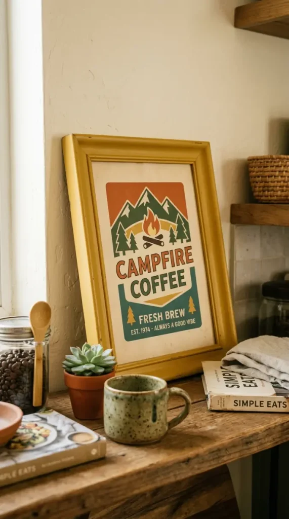 15 Nostalgic Open Shelf Dopamine Kitchen Display Ideas 14 14. Small Framed Retro Advertisement Leaning on the Shelf