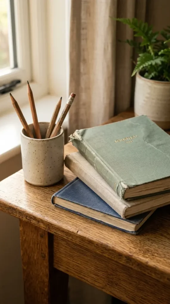 15 Light Linen Swivel Reading Chair Bedroom Nook Ideas 14 14. Small Stack of Journals and a Pencil Cup