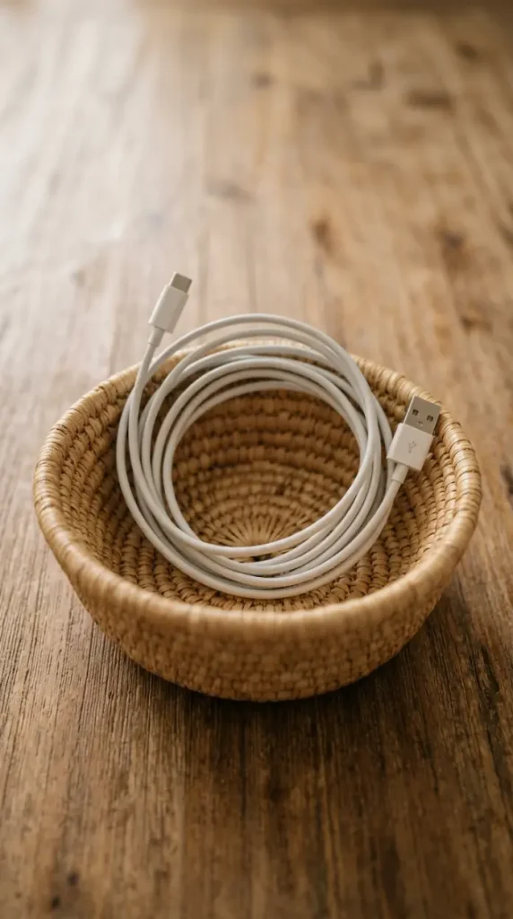 16 Minimalist Bedroom Declutter Ideas for Late Summer 14 14. Small Woven Basket for Loose Cords and Chargers