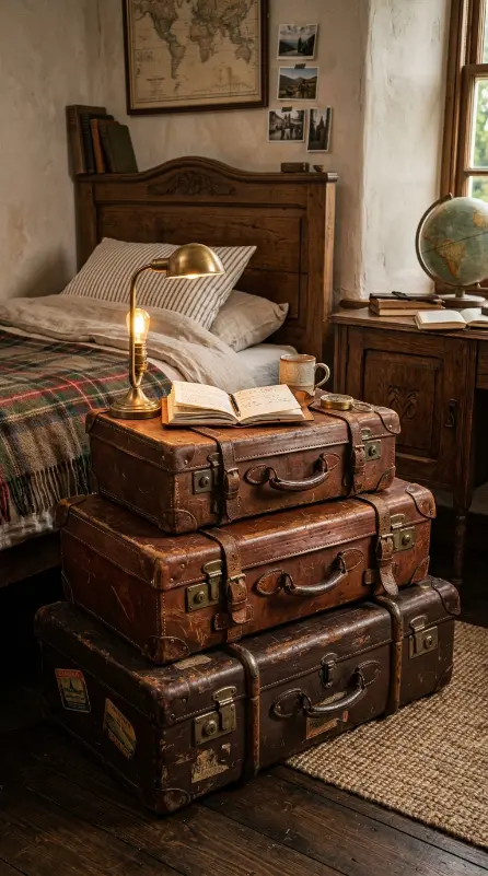 15 Boys Room Decor Explorer Adventure Vintage Map 14 14. Stacked Vintage Leather Suitcases as Side Table
