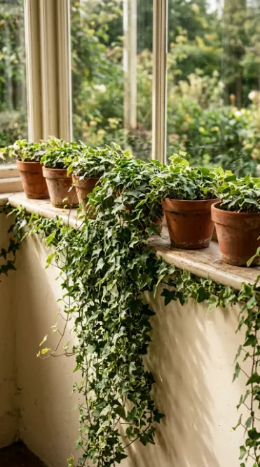20 Summer Cottagecore Sunroom Gingham Sitting Corner 14 14. Terracotta Pots of Trailing Ivy