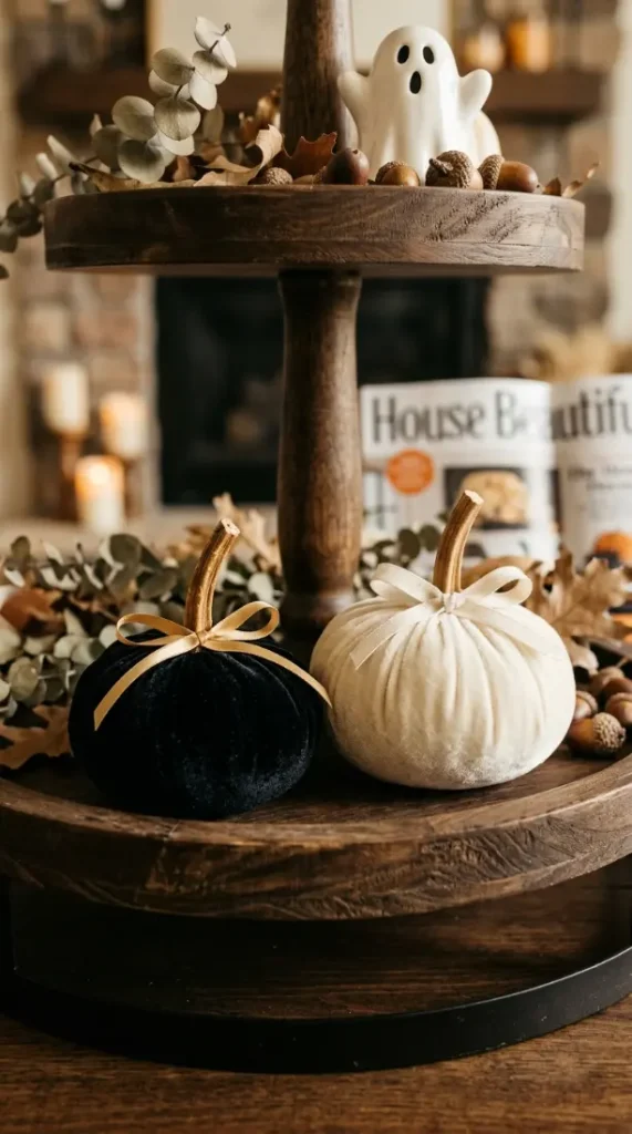 16 Halloween Tiered Tray Ideas Neutral Sophisticated Style 14 14. The Black Velvet Pumpkin Alternative