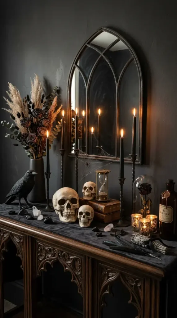 14 Neutral Halloween Decor Gothic Console Table Style 14 14. The Complete Neutral Gothic Console Halloween Reveal