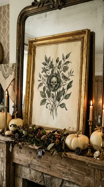 17 Elegant Halloween Mantel Decor French Country Style 14 14. The French Country Botanical Print in Aged Frame