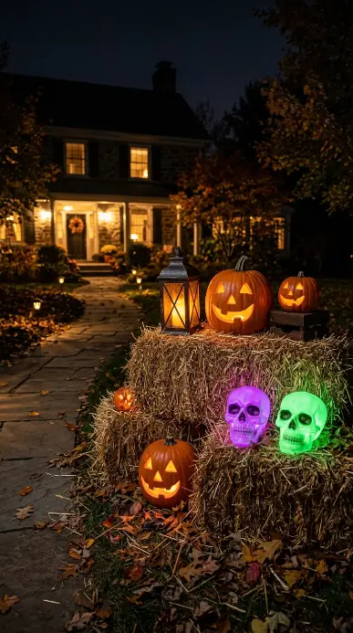 16 Outdoor Halloween Decorations Light-Up Pathway Night Style 14 14. The Lighted Hay Bale and Pumpkin Cluster