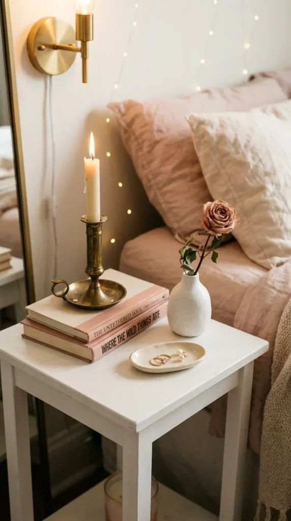 24 Apartment Bedroom Decor Pastel Dreamy Feminine Style 14 14. The Small Nightstand Vignette