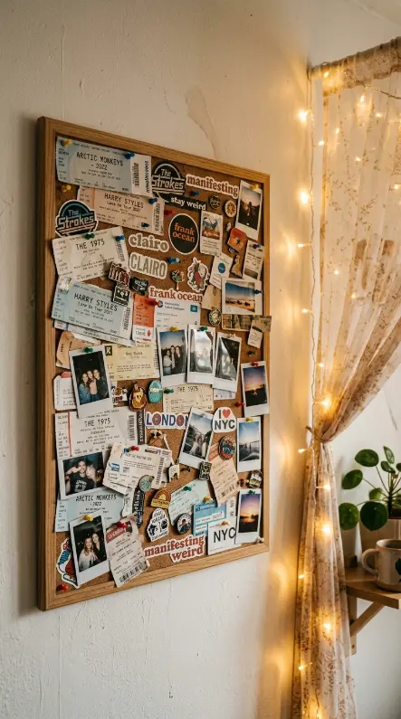 15 Romanticizing My Room Small Space Fairy Light Canopy Ideas 14 14. Tiny Corkboard With Ticket Stubs and Stickers