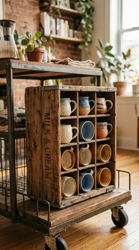 17 Small Space Eclectic Coffee Corner Ideas for Renters 14 14. Vintage Milk Crate Turned Sideways for Cup Storage